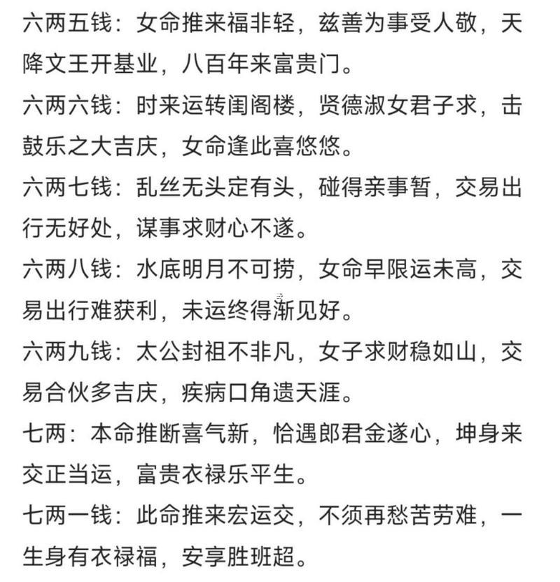 幾兩幾錢(qián)算命對(duì)照表