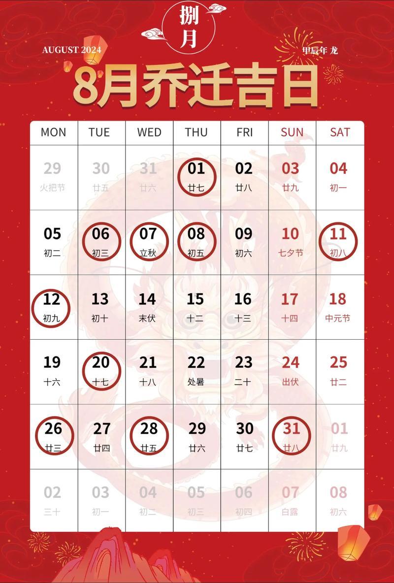 農(nóng)厲八月黃道吉日搬家