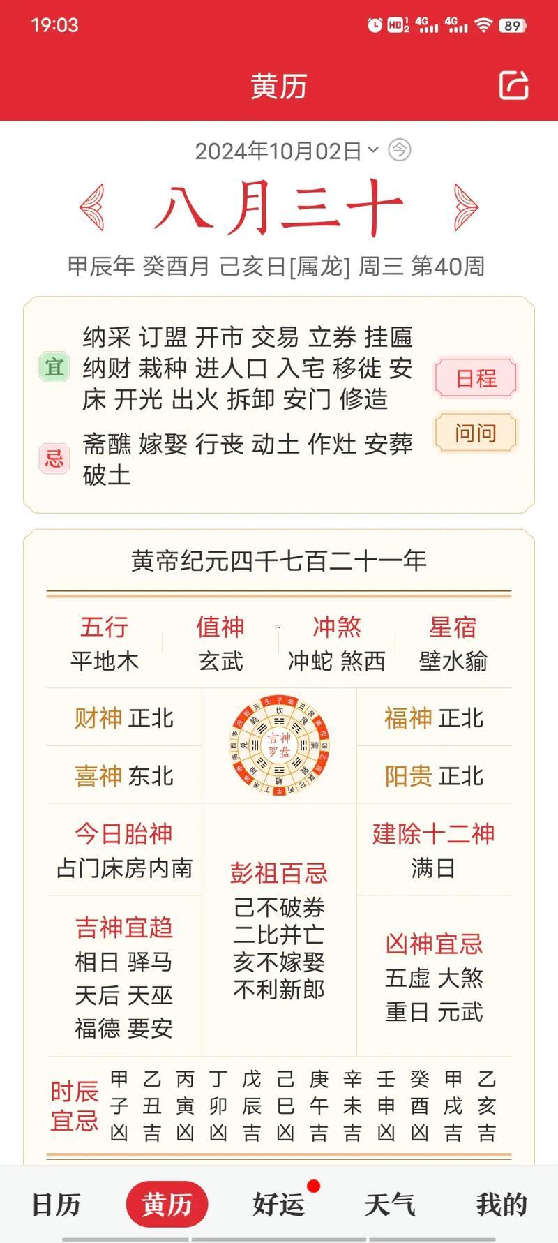2026年10月黃歷表
