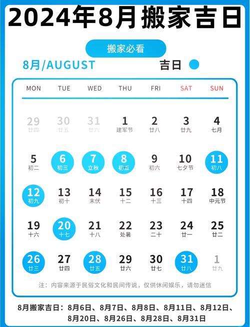 2026年8月份喬遷吉日有那些